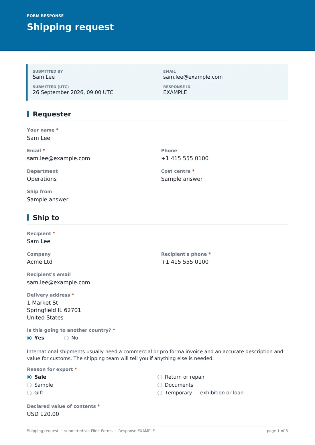 Shipping request — example response PDF, page 1 of 3