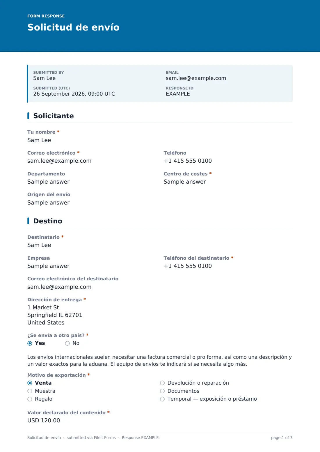 Solicitud de envío — PDF de respuesta de ejemplo, página 1 de 3