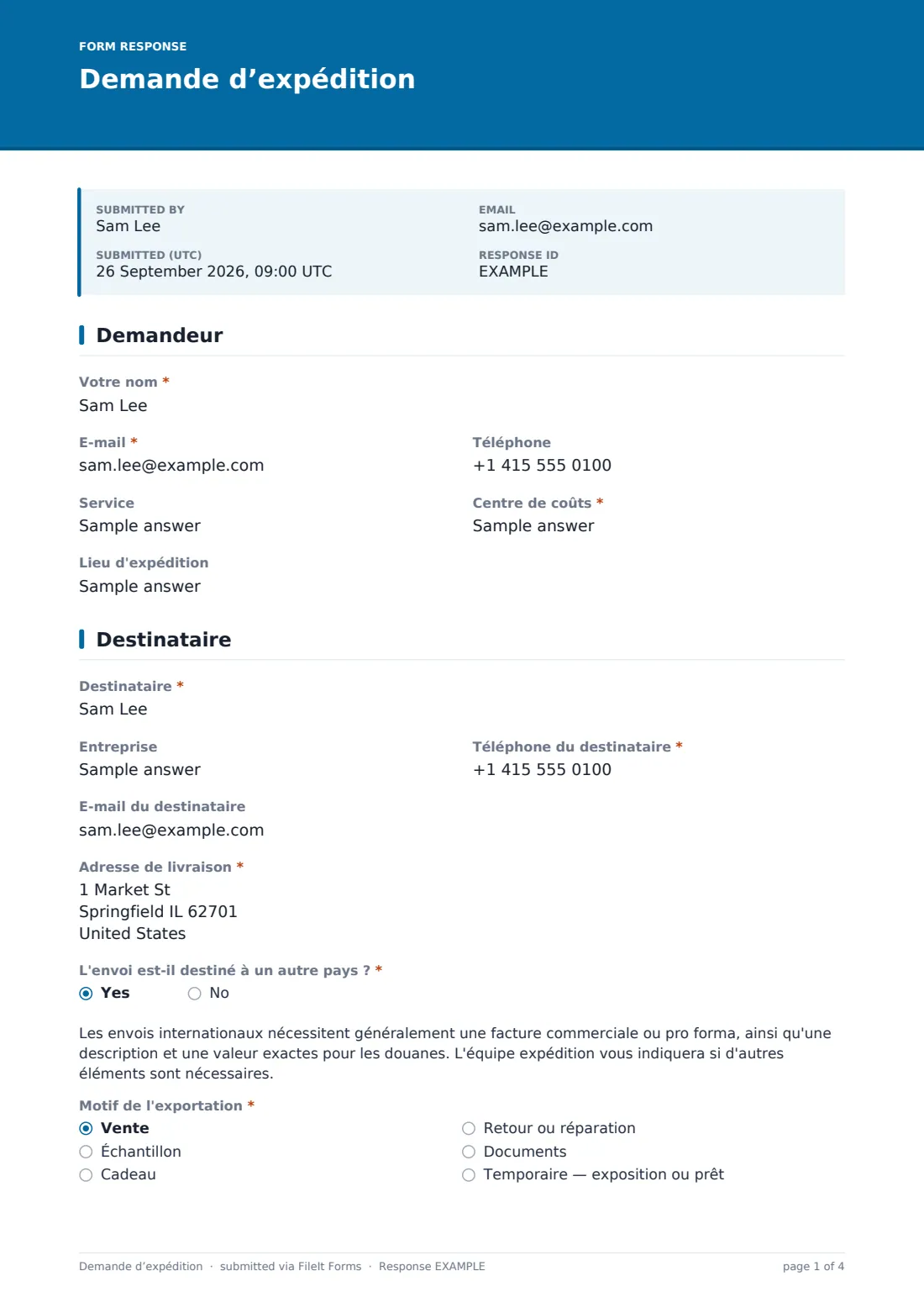 Demande d’expédition — exemple de réponse au format PDF, page 1 sur 4