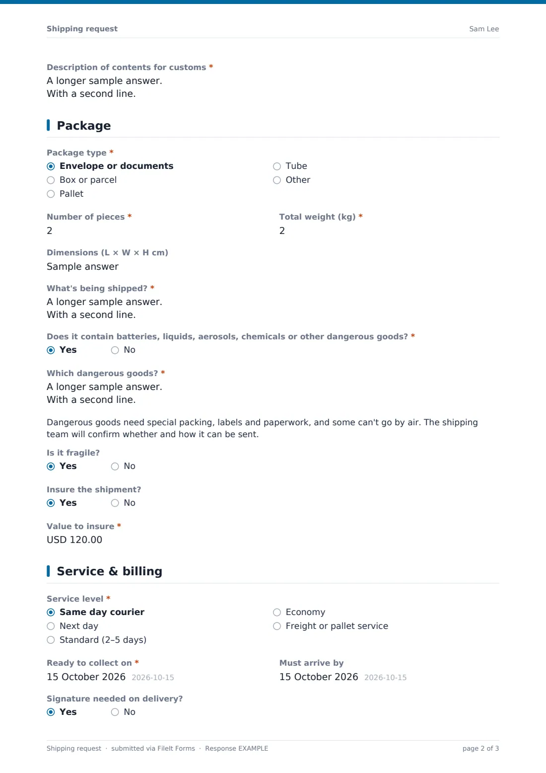 Shipping request — example response PDF, page 2 of 3