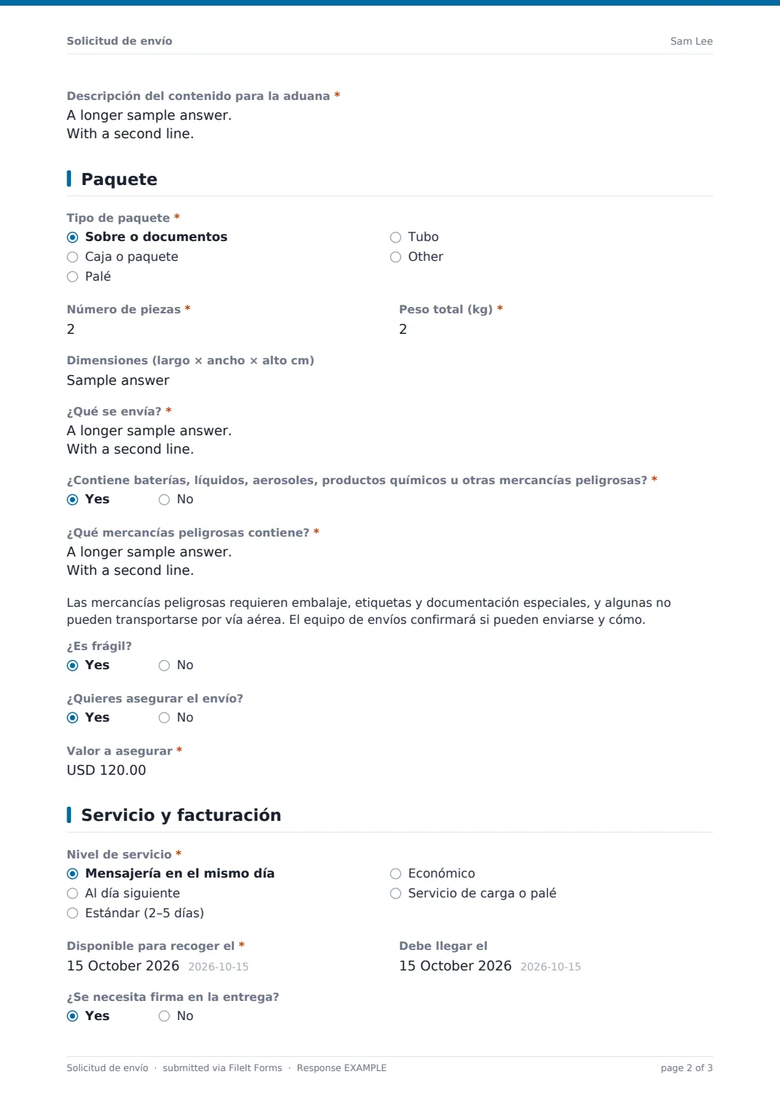 Solicitud de envío — PDF de respuesta de ejemplo, página 2 de 3