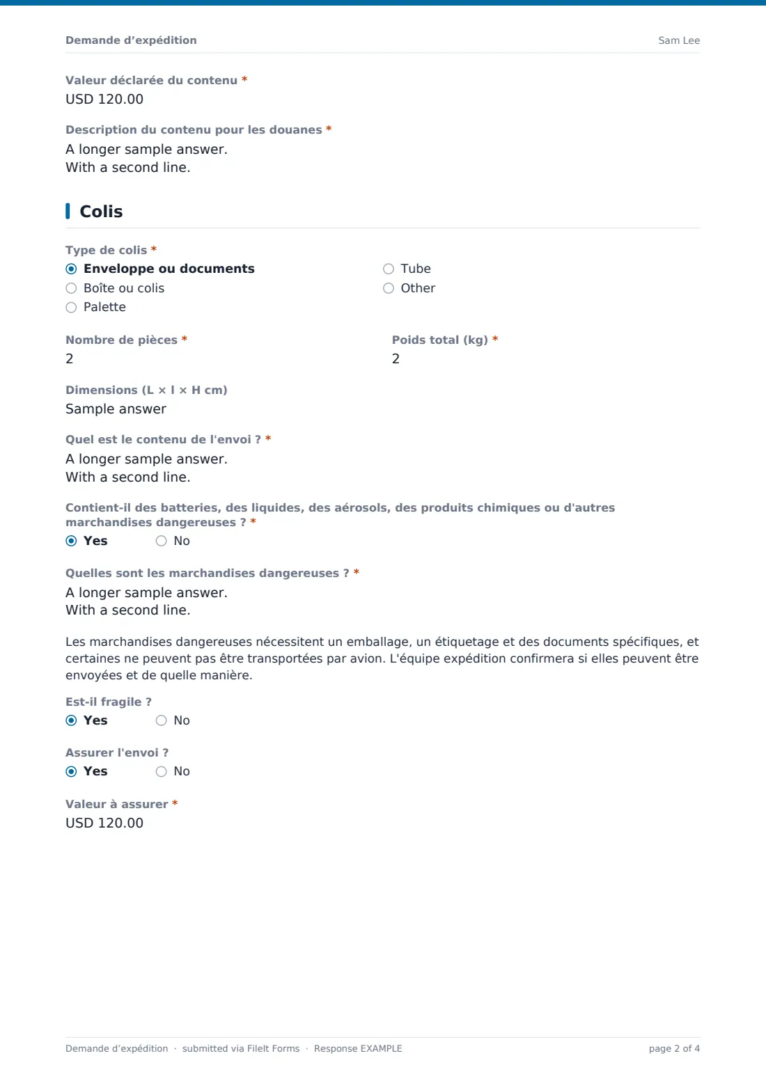 Demande d’expédition — exemple de réponse au format PDF, page 2 sur 4
