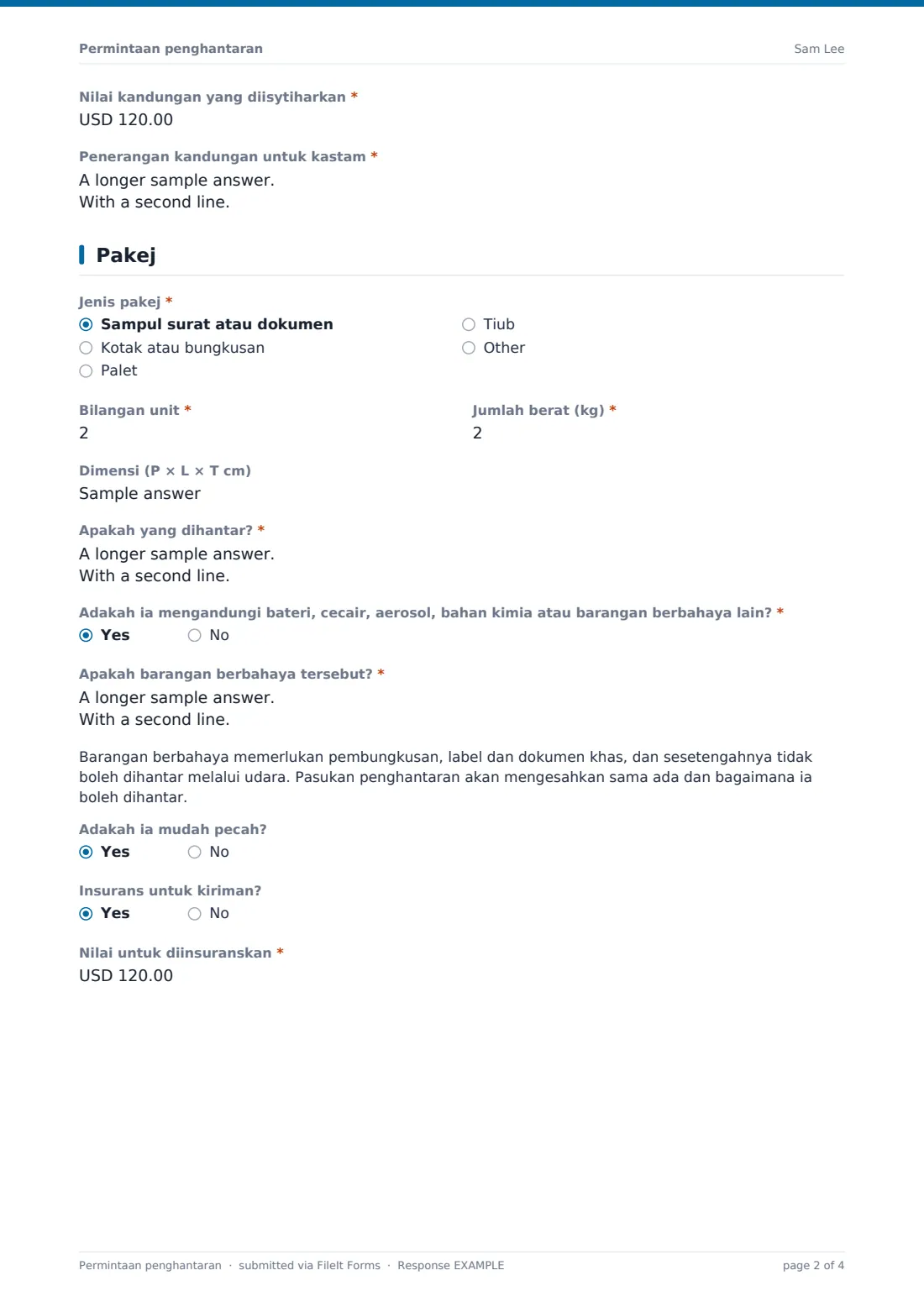 Permintaan penghantaran — PDF respons contoh, halaman 2 daripada 4