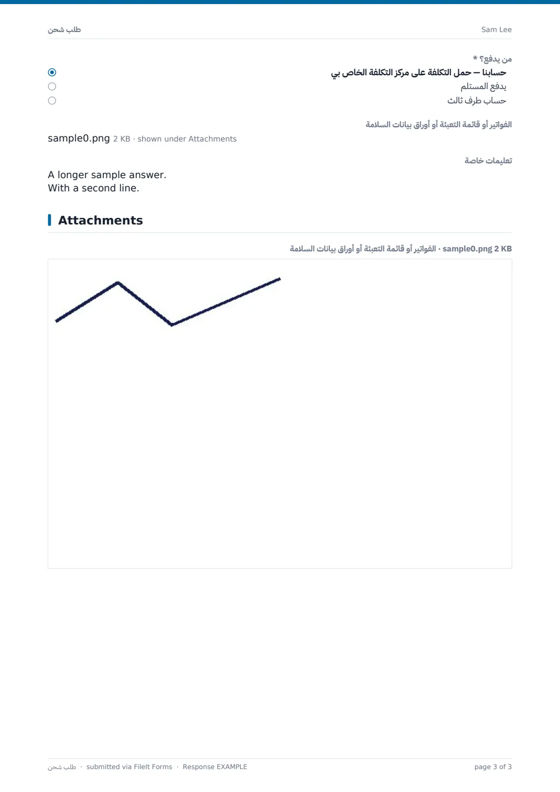 طلب شحن — ملف PDF لرد نموذجي، الصفحة 3 من 3