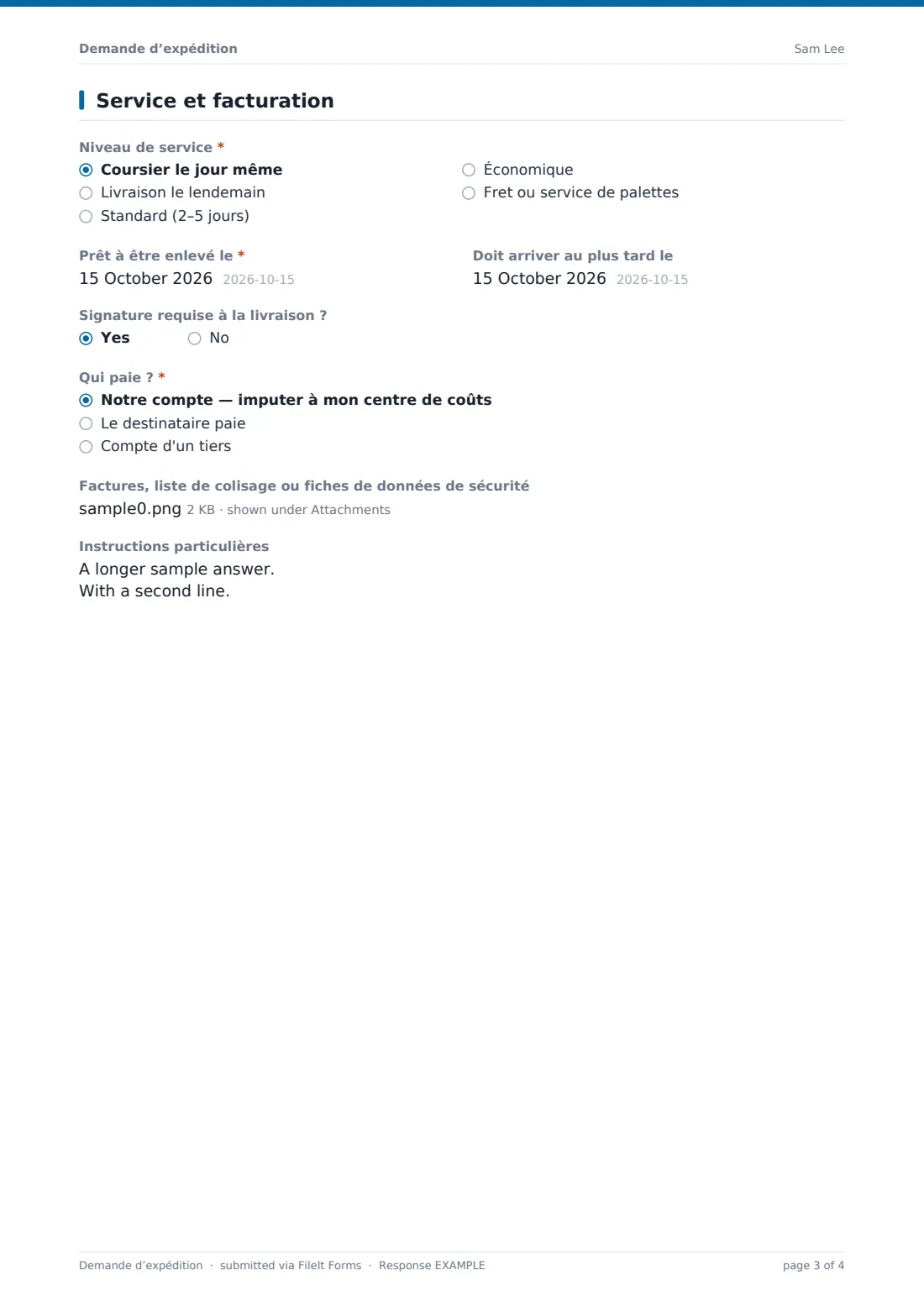 Demande d’expédition — exemple de réponse au format PDF, page 3 sur 4