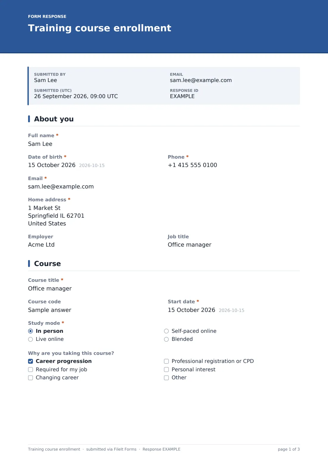Training course enrollment — example response PDF, page 1 of 3