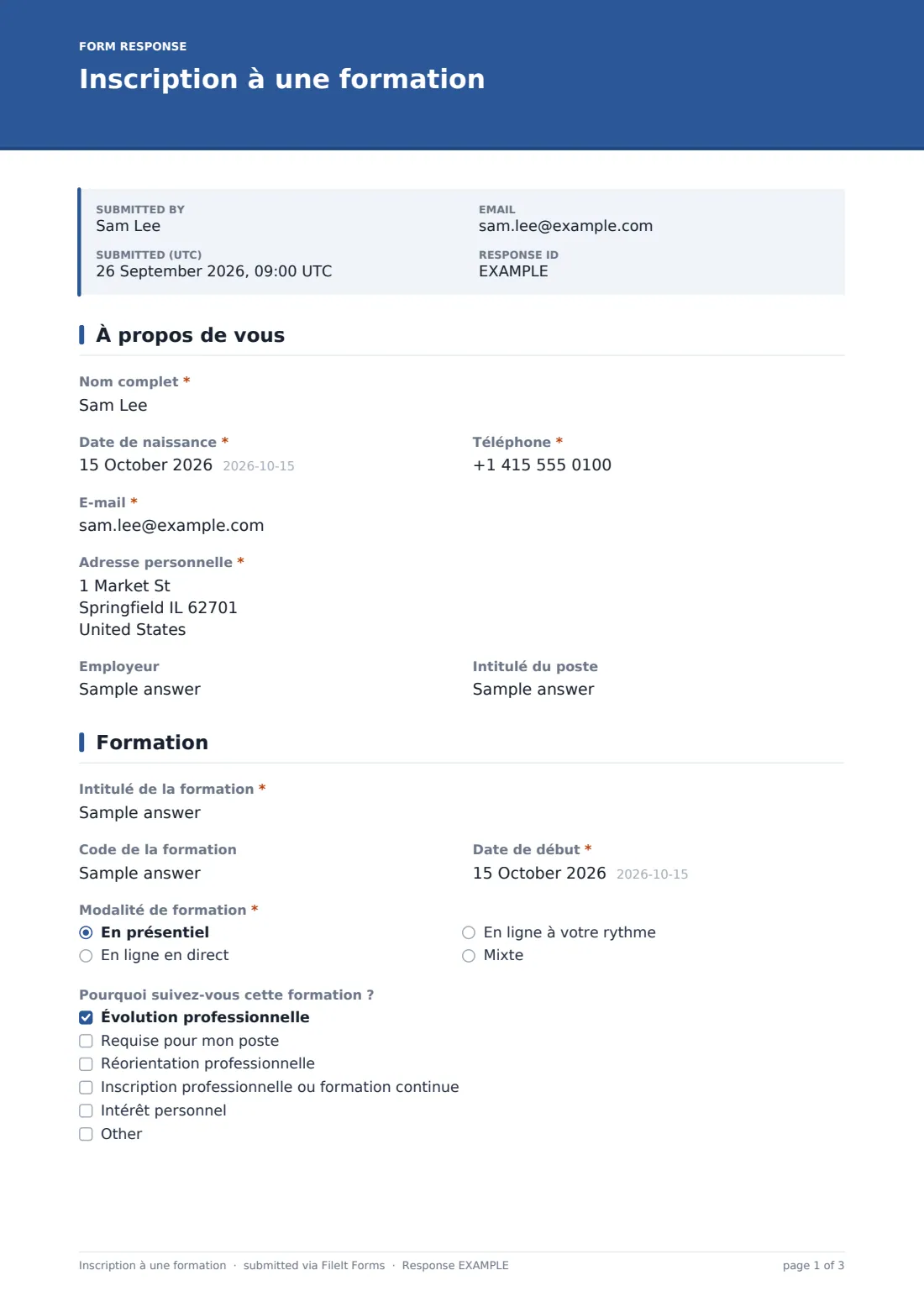 Inscription à une formation — exemple de réponse au format PDF, page 1 sur 3