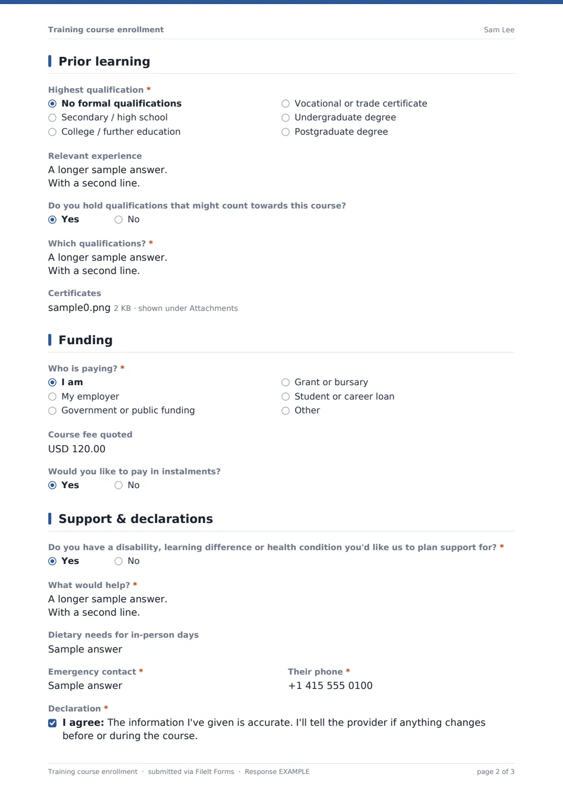 Training course enrollment — example response PDF, page 2 of 3