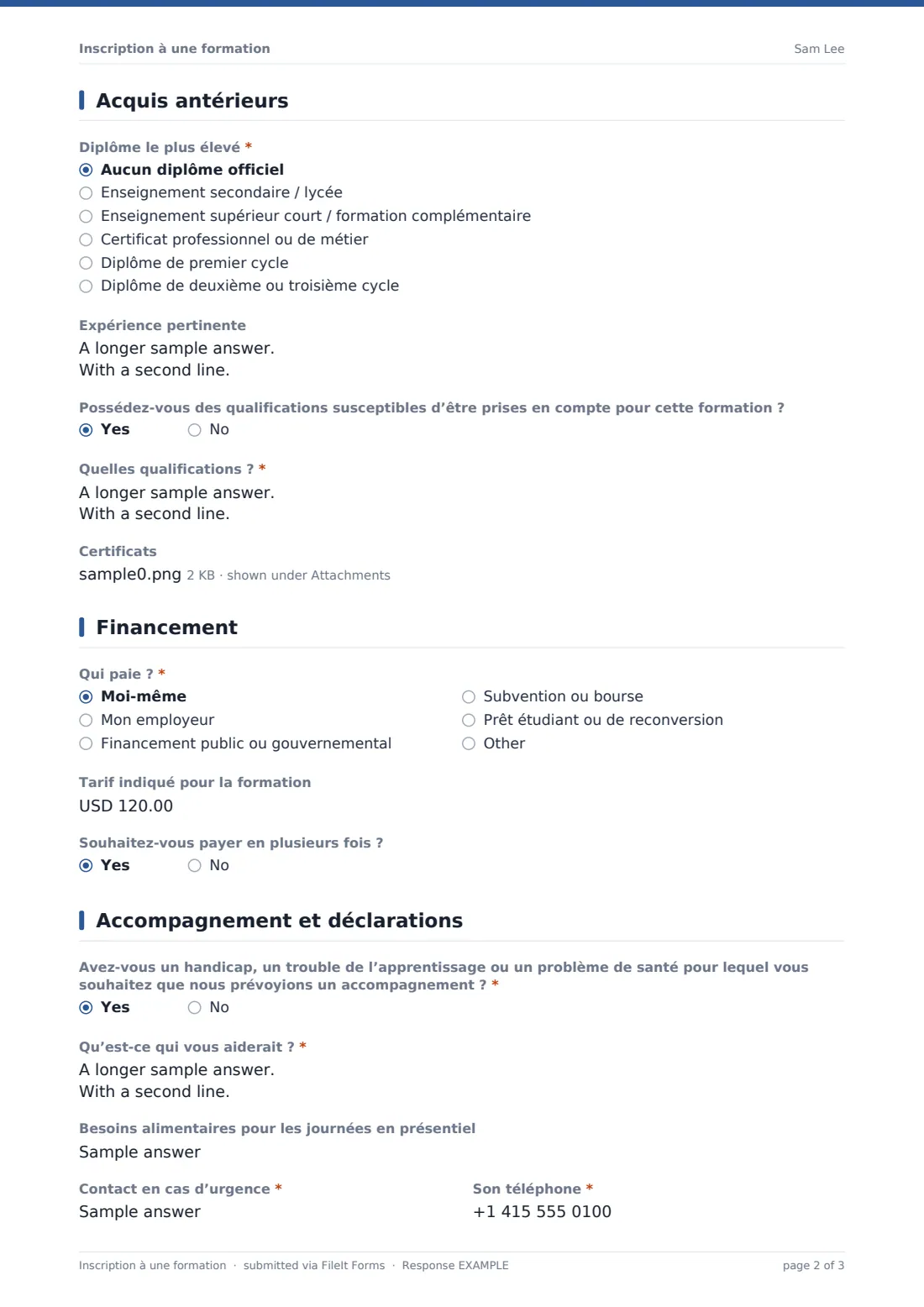 Inscription à une formation — exemple de réponse au format PDF, page 2 sur 3