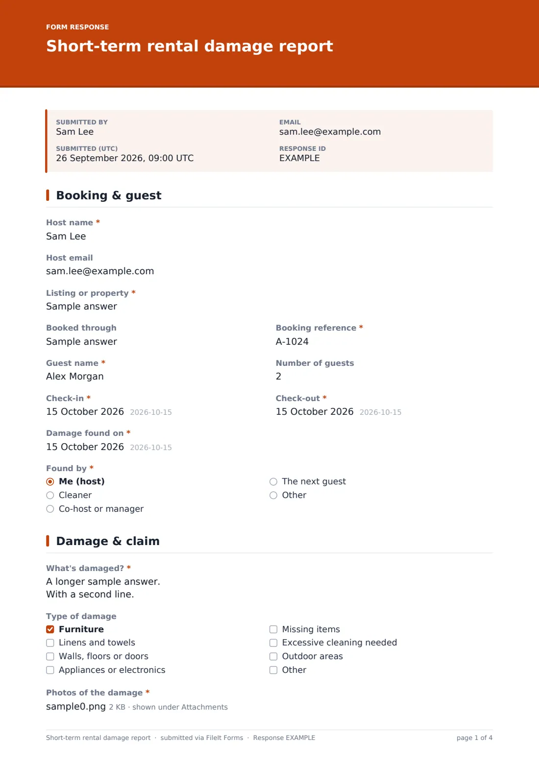 Short-term rental damage report — example response PDF, page 1 of 4