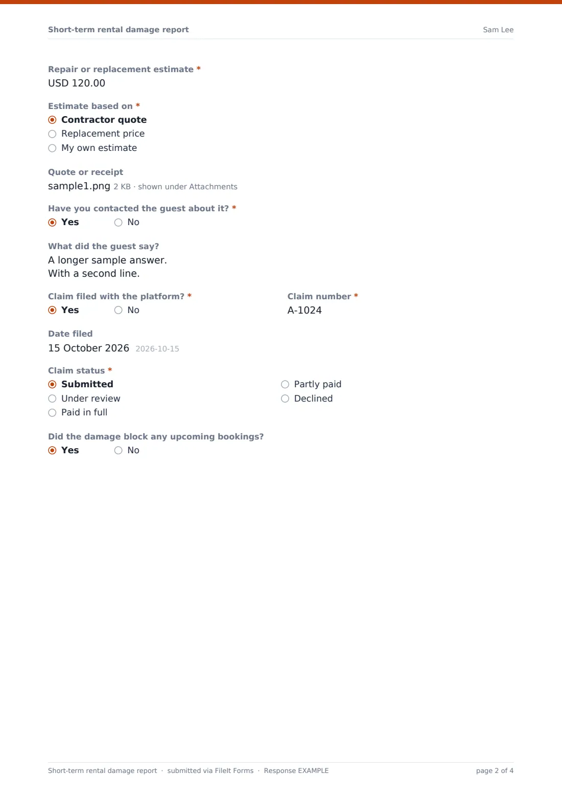 Short-term rental damage report — example response PDF, page 2 of 4