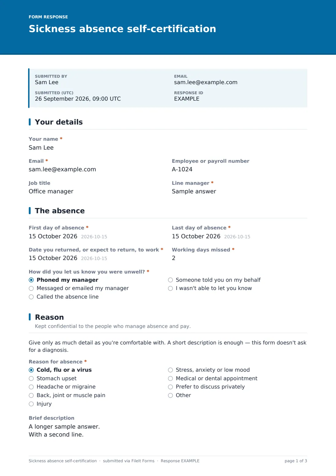 Sickness absence self-certification — example response PDF, page 1 of 3