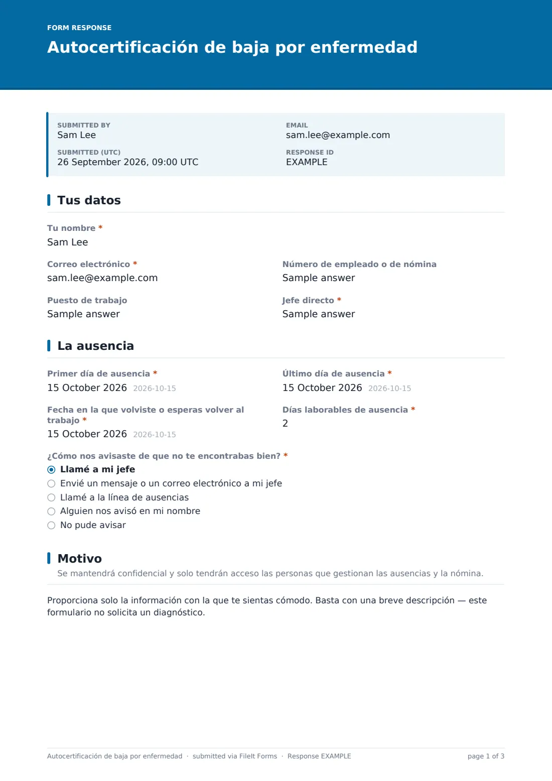 Autocertificación de baja por enfermedad — PDF de respuesta de ejemplo, página 1 de 3