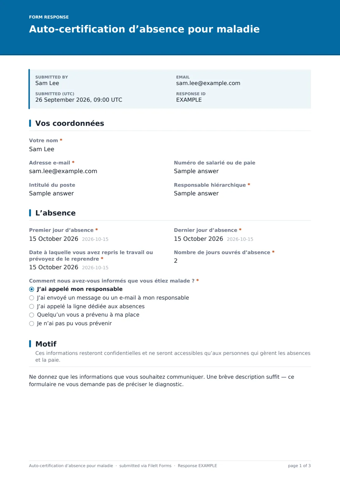 Auto-certification d’absence pour maladie — exemple de réponse au format PDF, page 1 sur 3