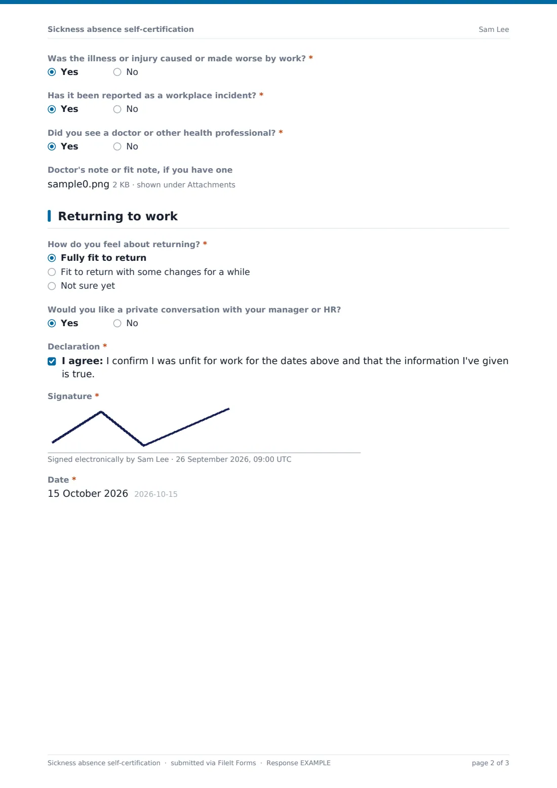 Sickness absence self-certification — example response PDF, page 2 of 3
