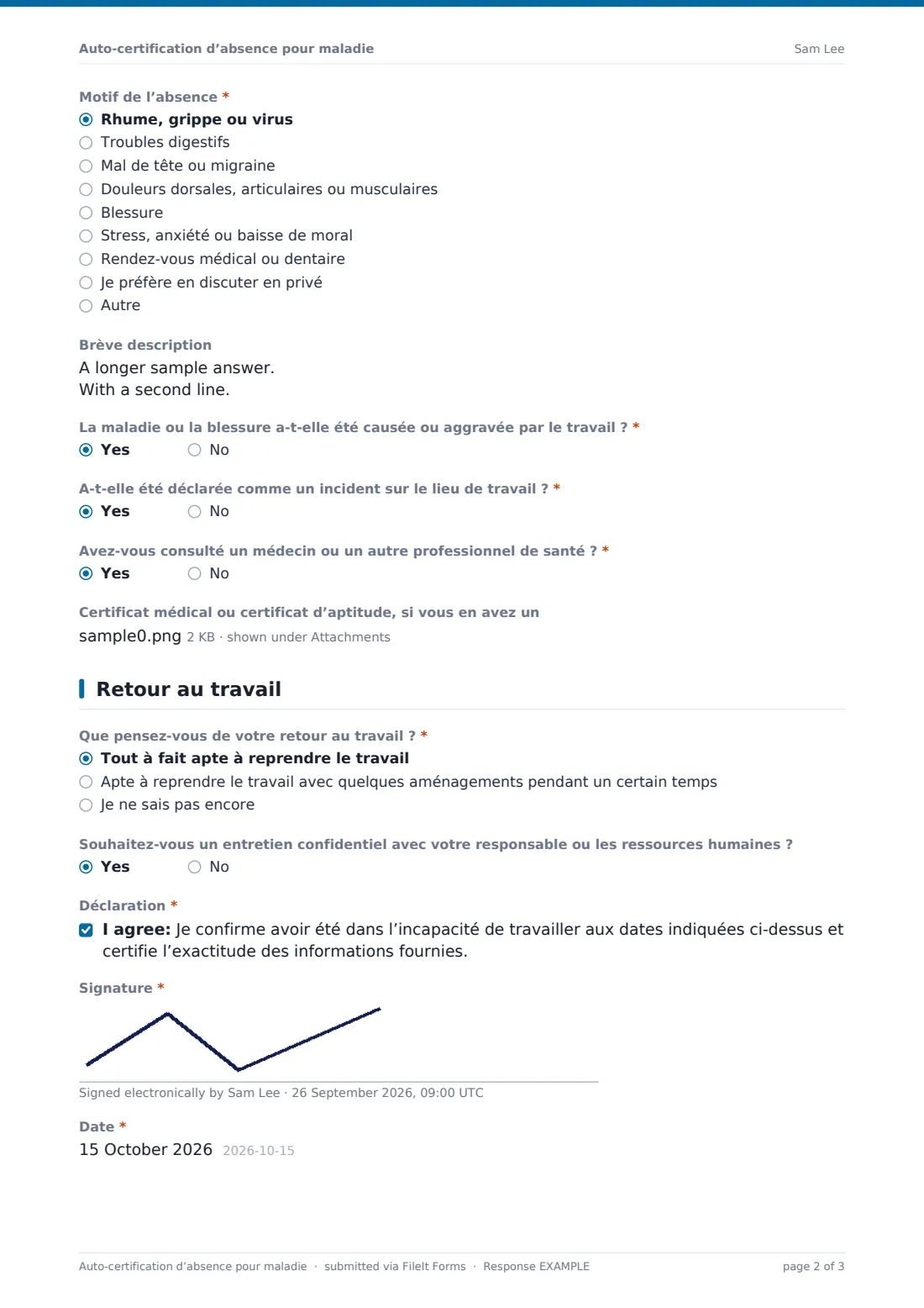 Auto-certification d’absence pour maladie — exemple de réponse au format PDF, page 2 sur 3