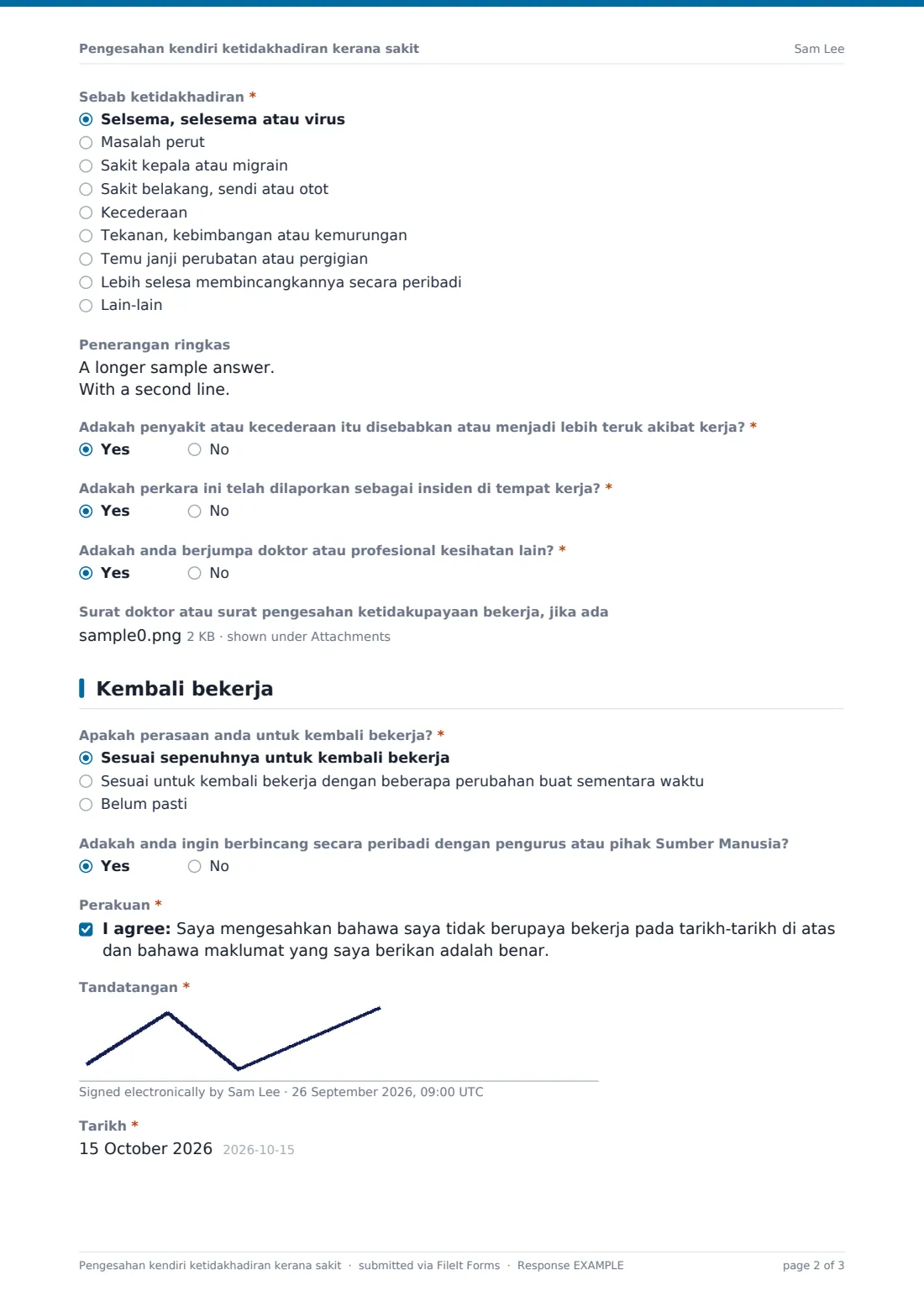 Pengesahan kendiri ketidakhadiran kerana sakit — PDF respons contoh, halaman 2 daripada 3