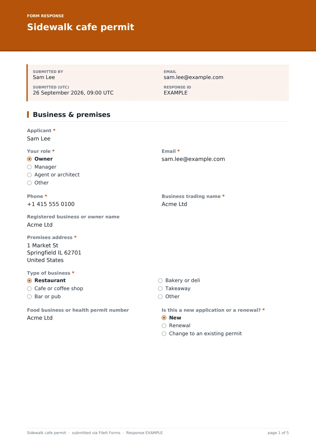 Sidewalk cafe permit — example response PDF, page 1 of 5
