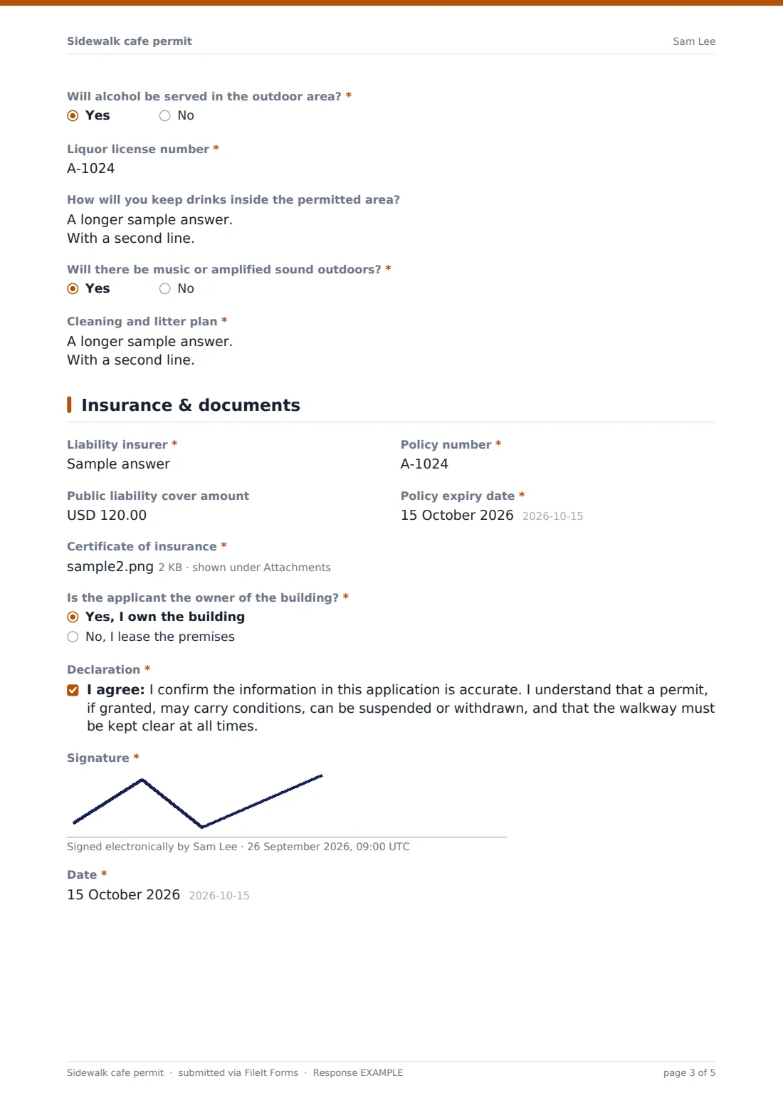 Sidewalk cafe permit — example response PDF, page 3 of 5