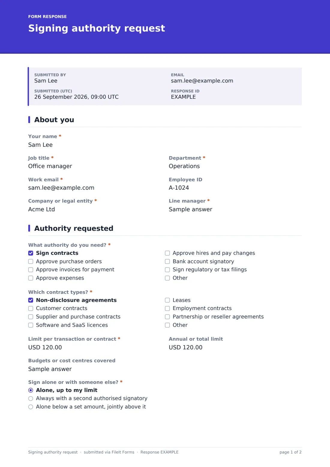 Signing authority request — example response PDF, page 1 of 2