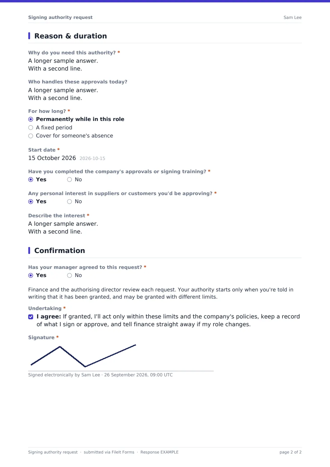 Signing authority request — example response PDF, page 2 of 2