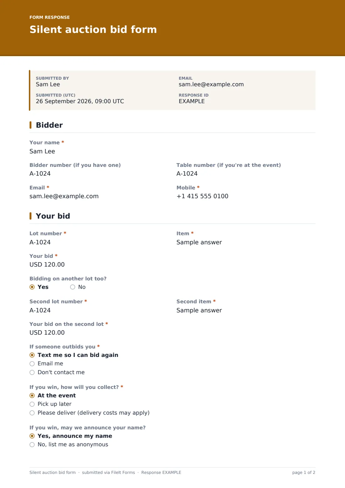 Silent auction bid form — example response PDF, page 1 of 2