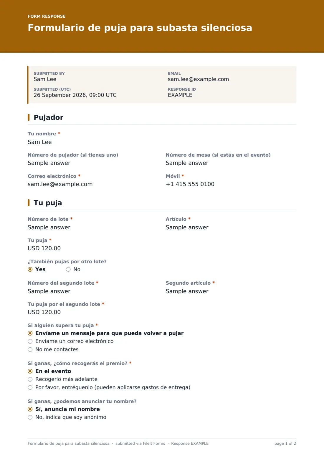 Formulario de puja para subasta silenciosa — PDF de respuesta de ejemplo, página 1 de 2