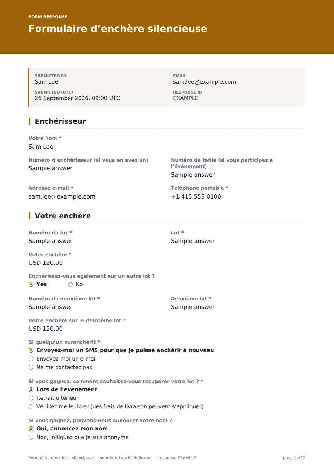 Formulaire d’enchère silencieuse — exemple de réponse au format PDF, page 1 sur 2