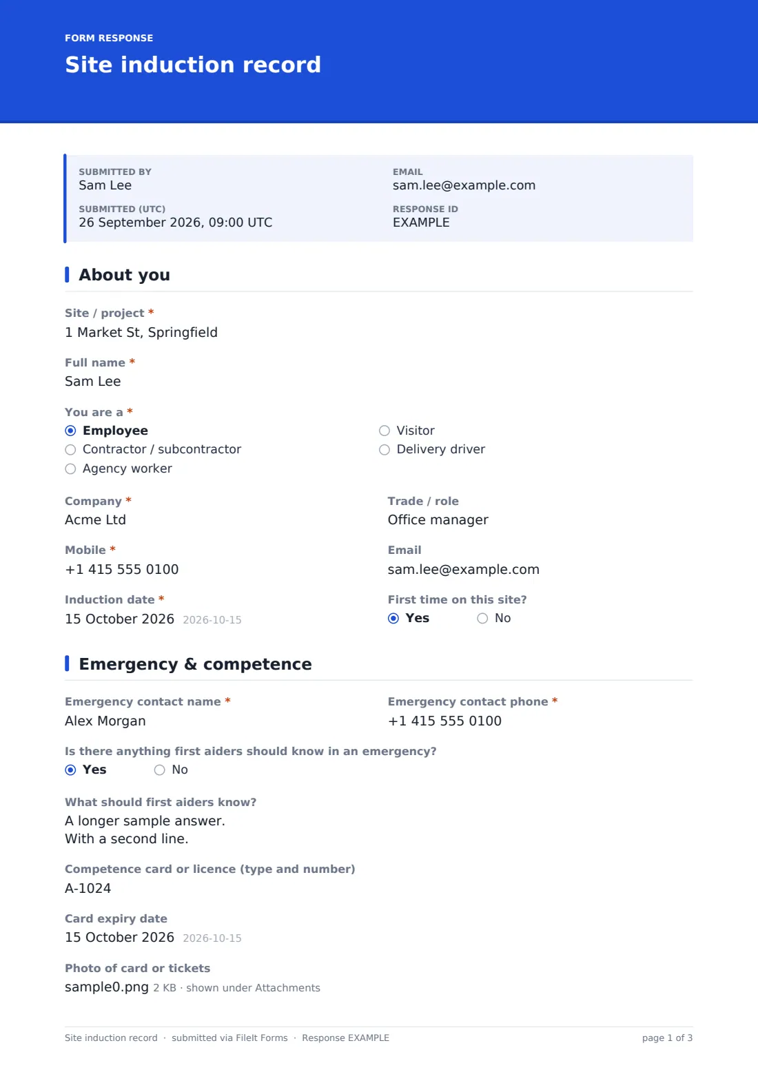 Site induction record — example response PDF, page 1 of 3