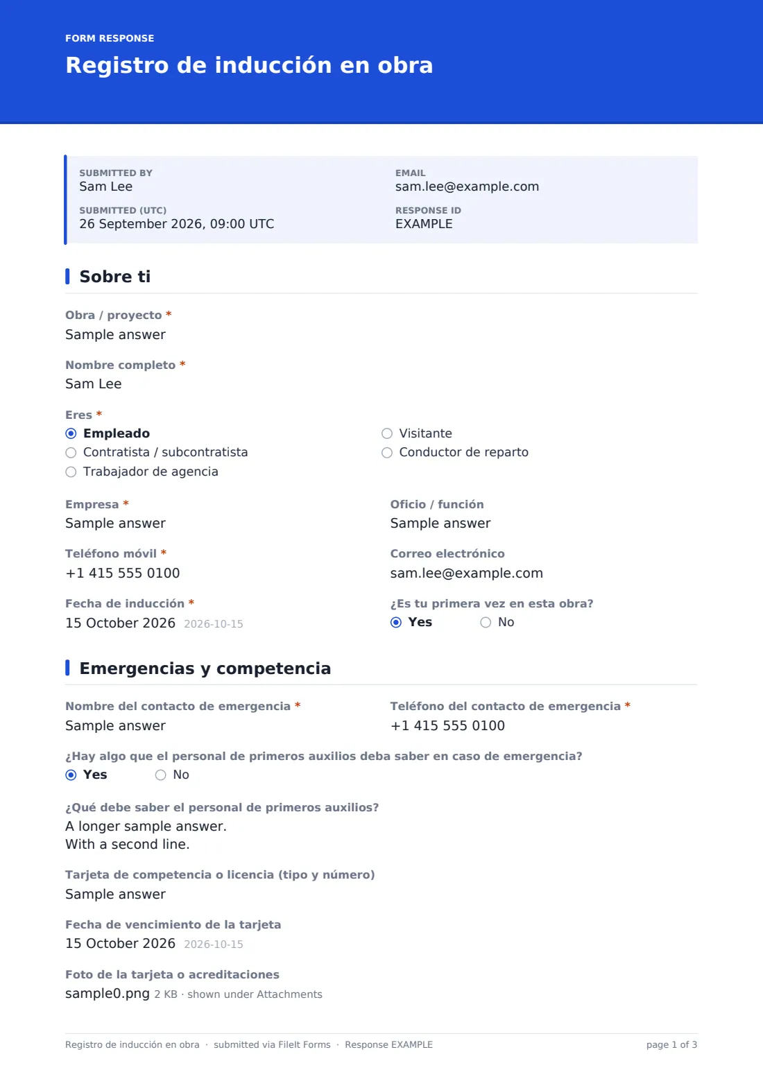 Registro de inducción en obra — PDF de respuesta de ejemplo, página 1 de 3