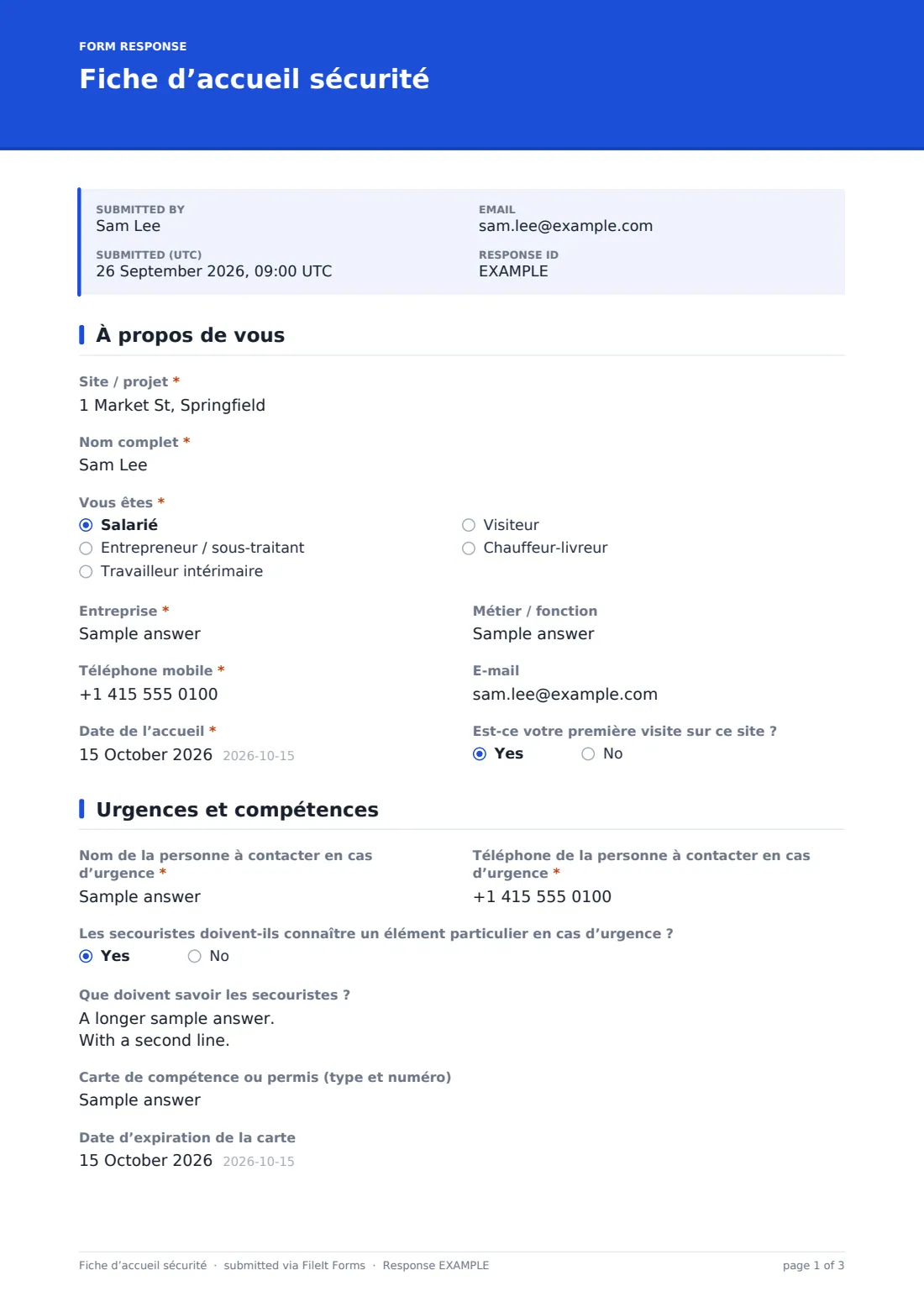 Fiche d’accueil sécurité — exemple de réponse au format PDF, page 1 sur 3
