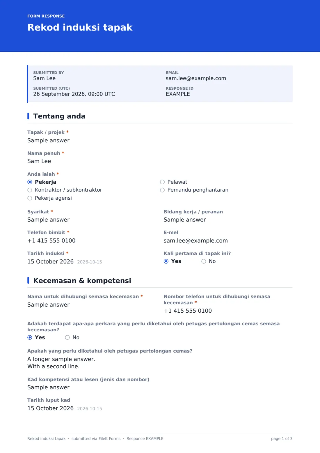 Rekod induksi tapak — PDF respons contoh, halaman 1 daripada 3