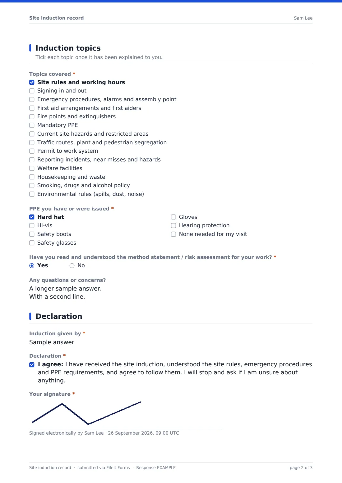 Site induction record — example response PDF, page 2 of 3