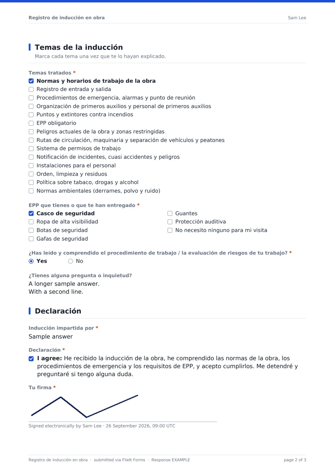 Registro de inducción en obra — PDF de respuesta de ejemplo, página 2 de 3