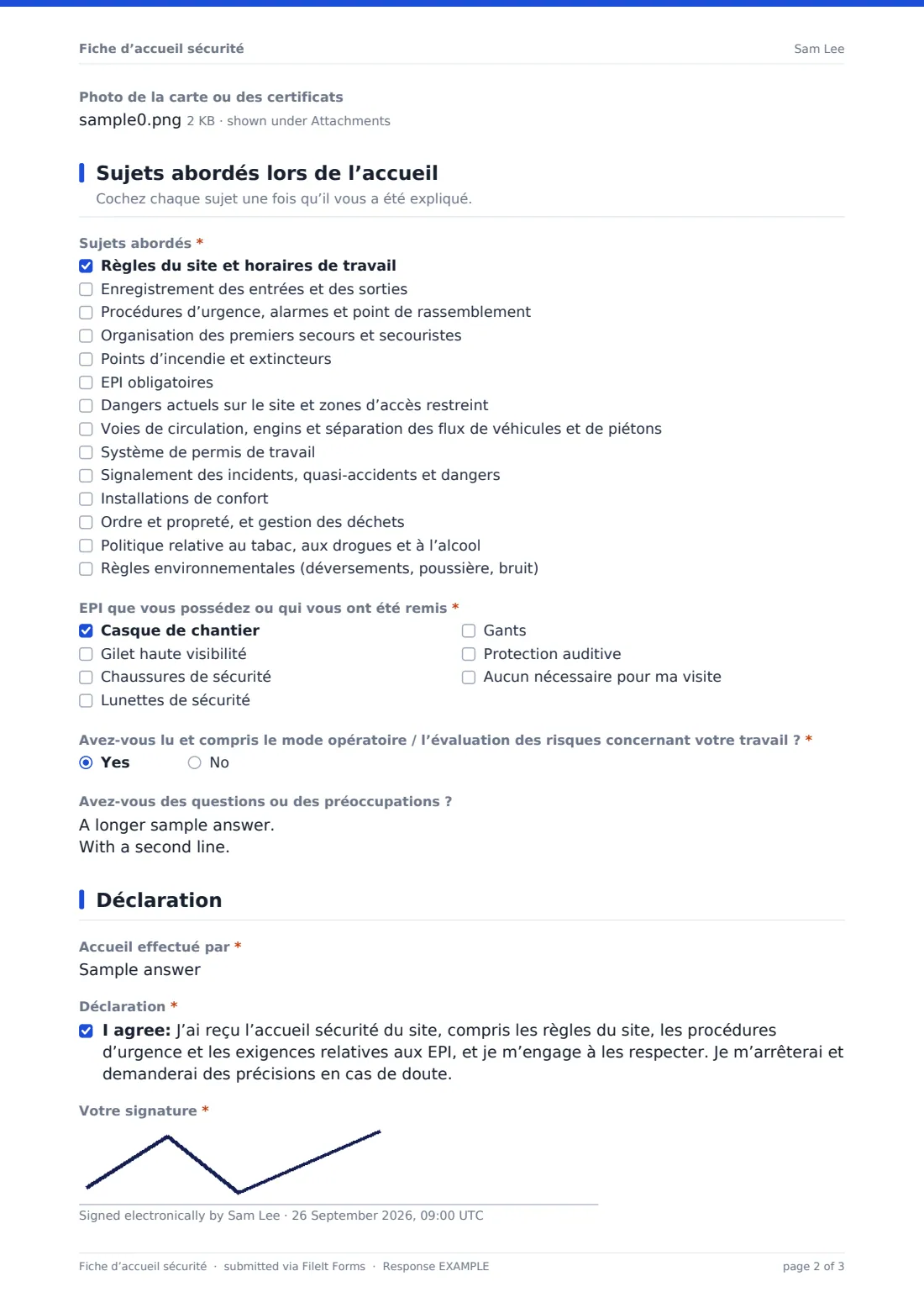 Fiche d’accueil sécurité — exemple de réponse au format PDF, page 2 sur 3