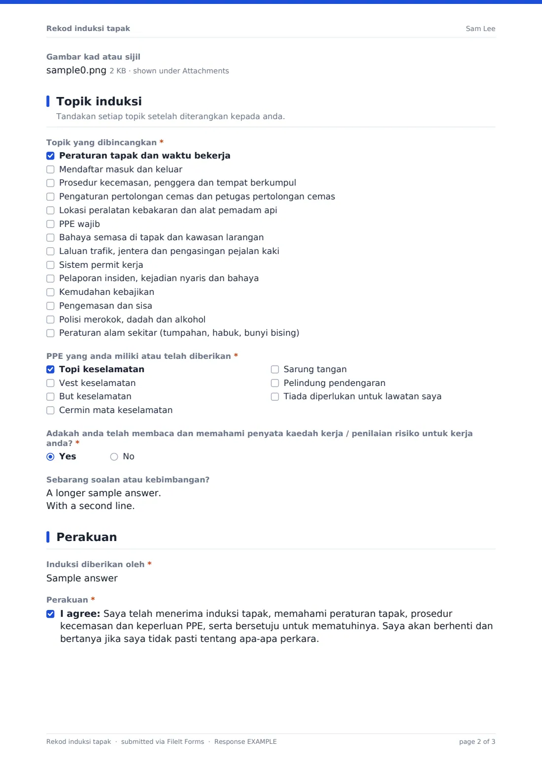 Rekod induksi tapak — PDF respons contoh, halaman 2 daripada 3