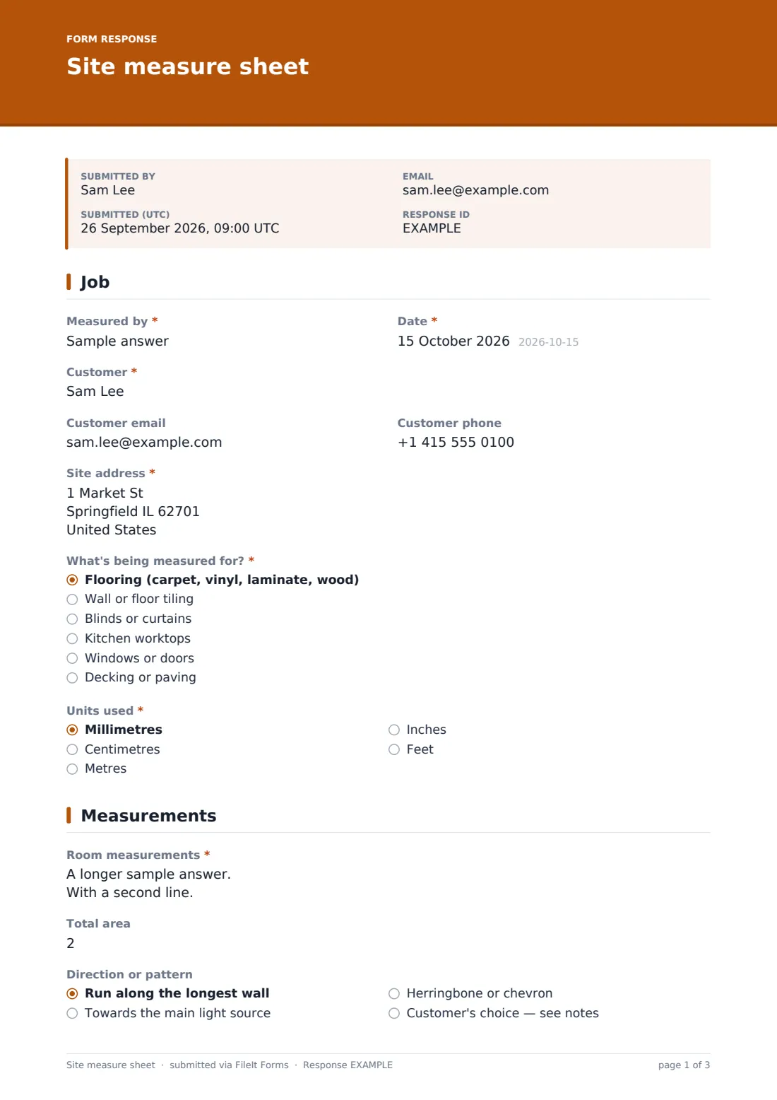 Site measure sheet — example response PDF, page 1 of 3