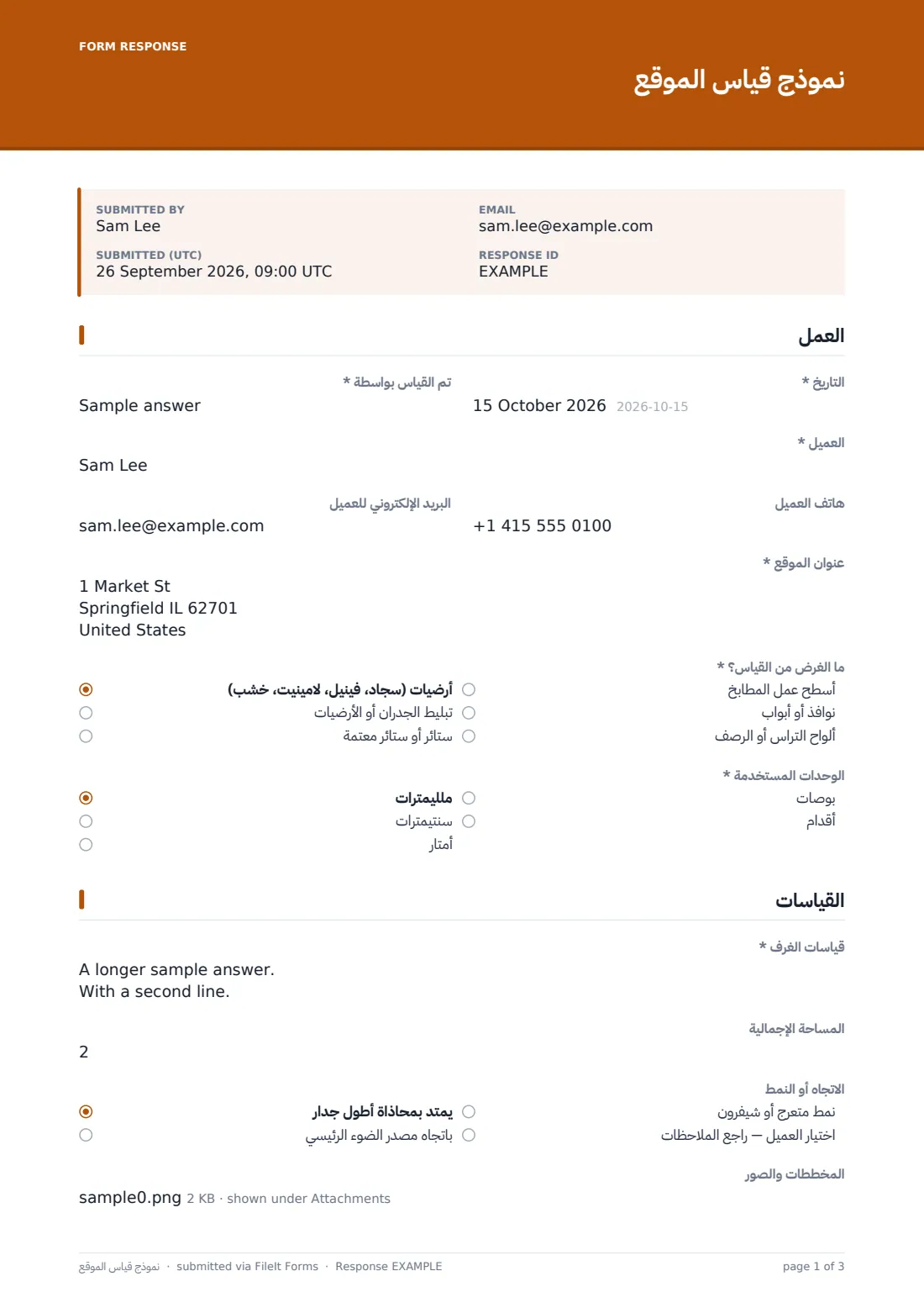 نموذج قياس الموقع — ملف PDF لرد نموذجي، الصفحة 1 من 3