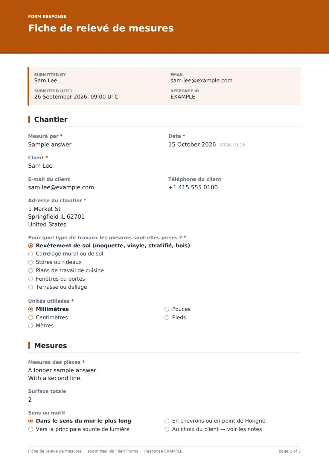 Fiche de relevé de mesures — exemple de réponse au format PDF, page 1 sur 3