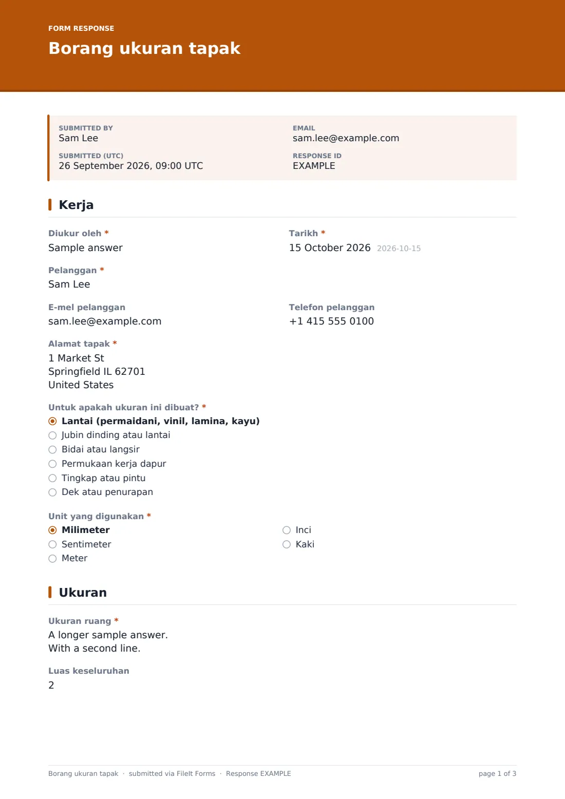 Borang ukuran tapak — PDF respons contoh, halaman 1 daripada 3
