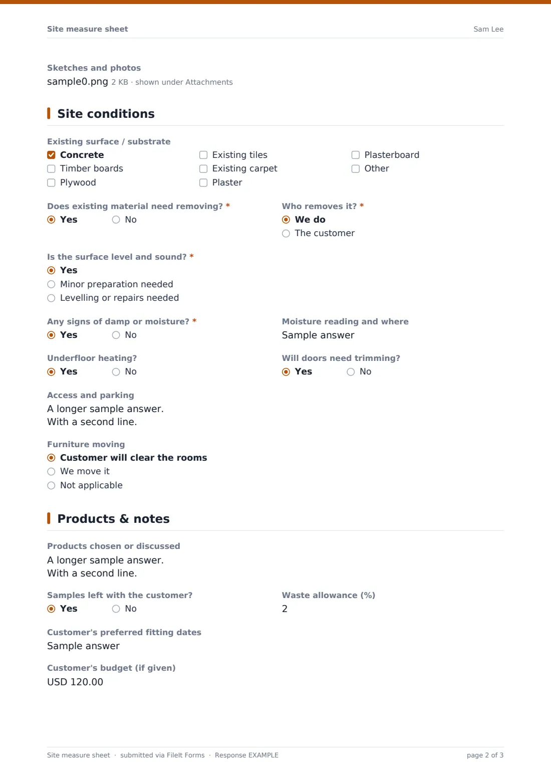 Site measure sheet — example response PDF, page 2 of 3