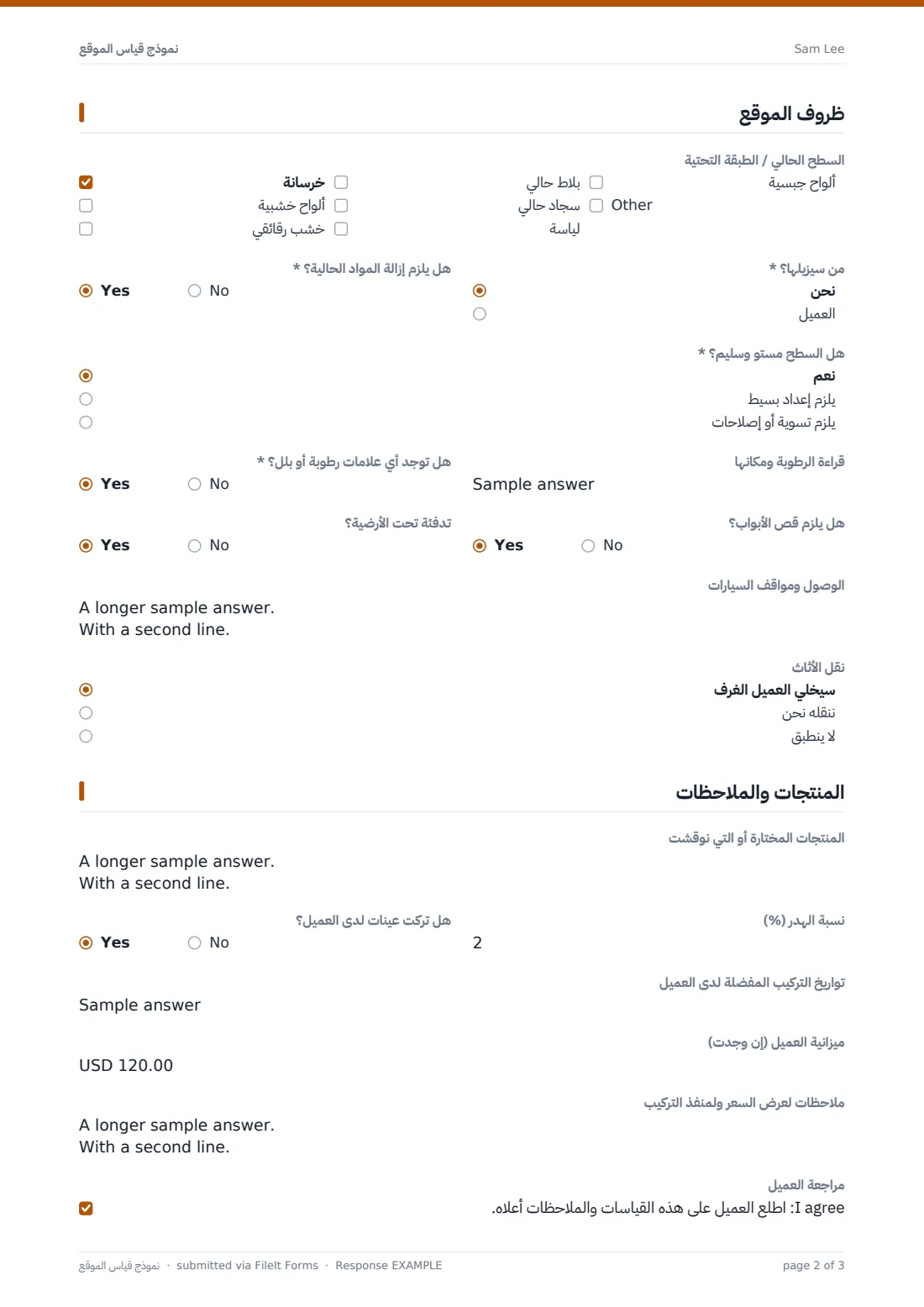 نموذج قياس الموقع — ملف PDF لرد نموذجي، الصفحة 2 من 3