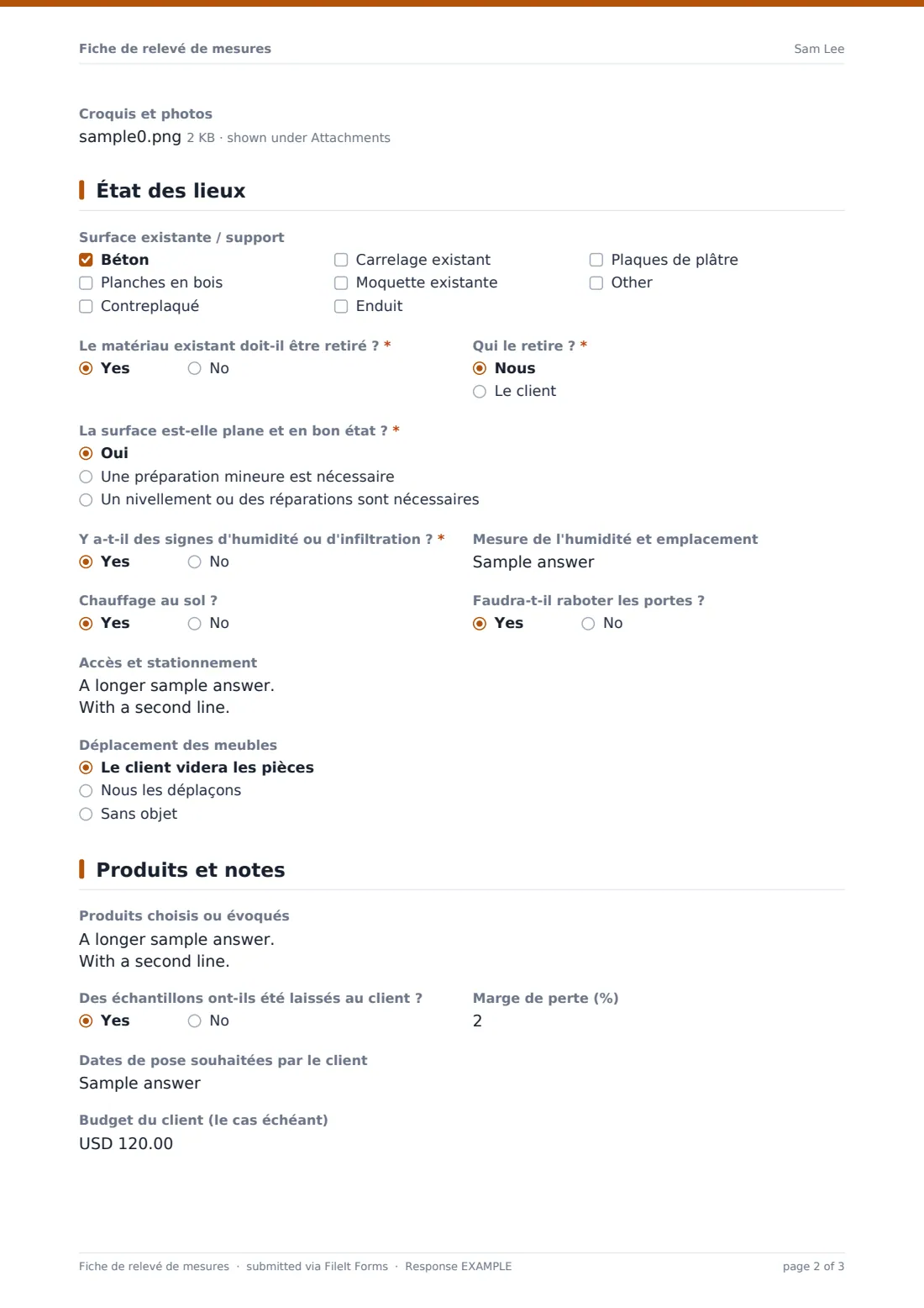 Fiche de relevé de mesures — exemple de réponse au format PDF, page 2 sur 3