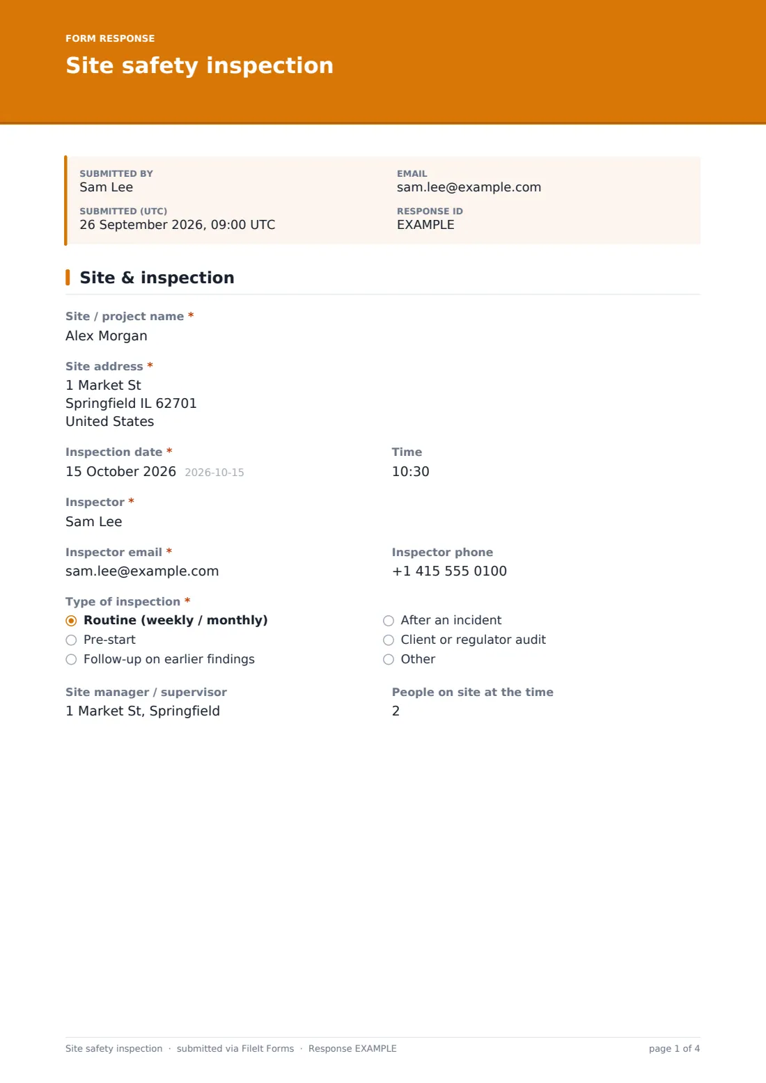Site safety inspection — example response PDF, page 1 of 4