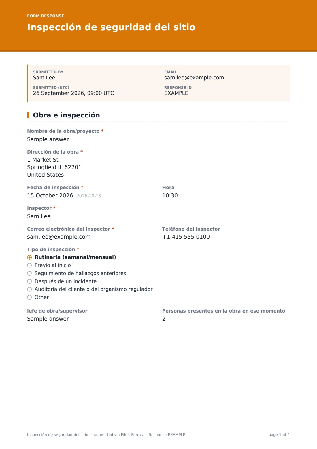 Inspección de seguridad del sitio — PDF de respuesta de ejemplo, página 1 de 4