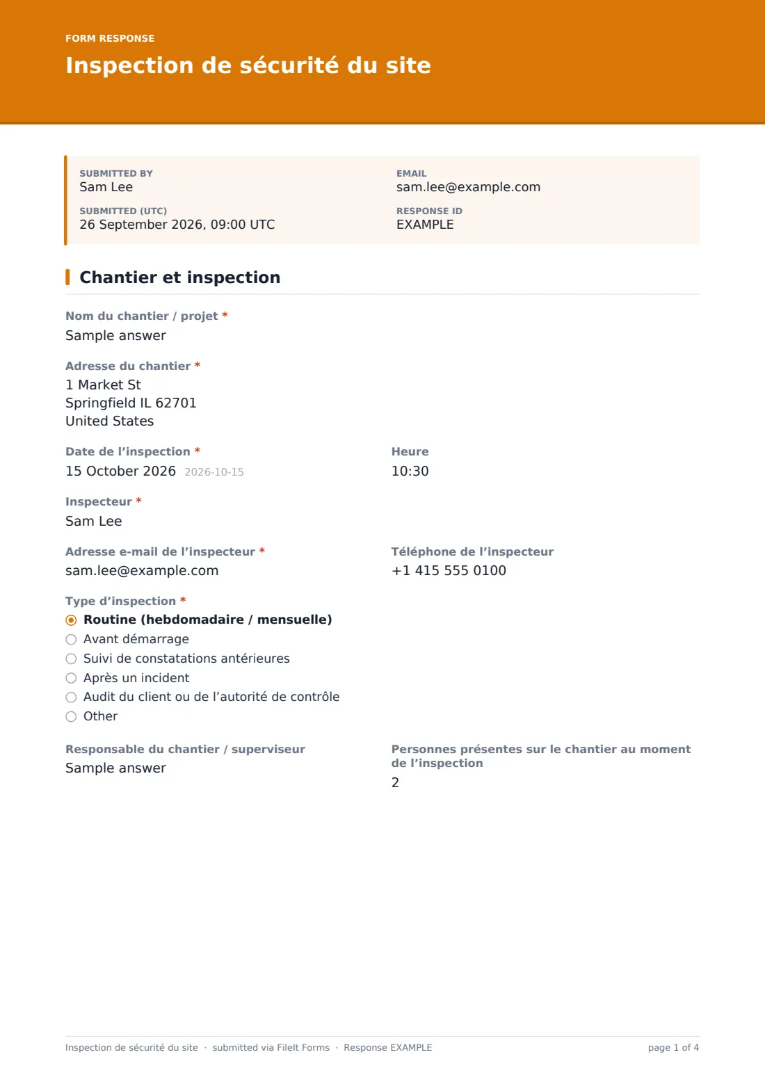 Inspection de sécurité du site — exemple de réponse au format PDF, page 1 sur 4