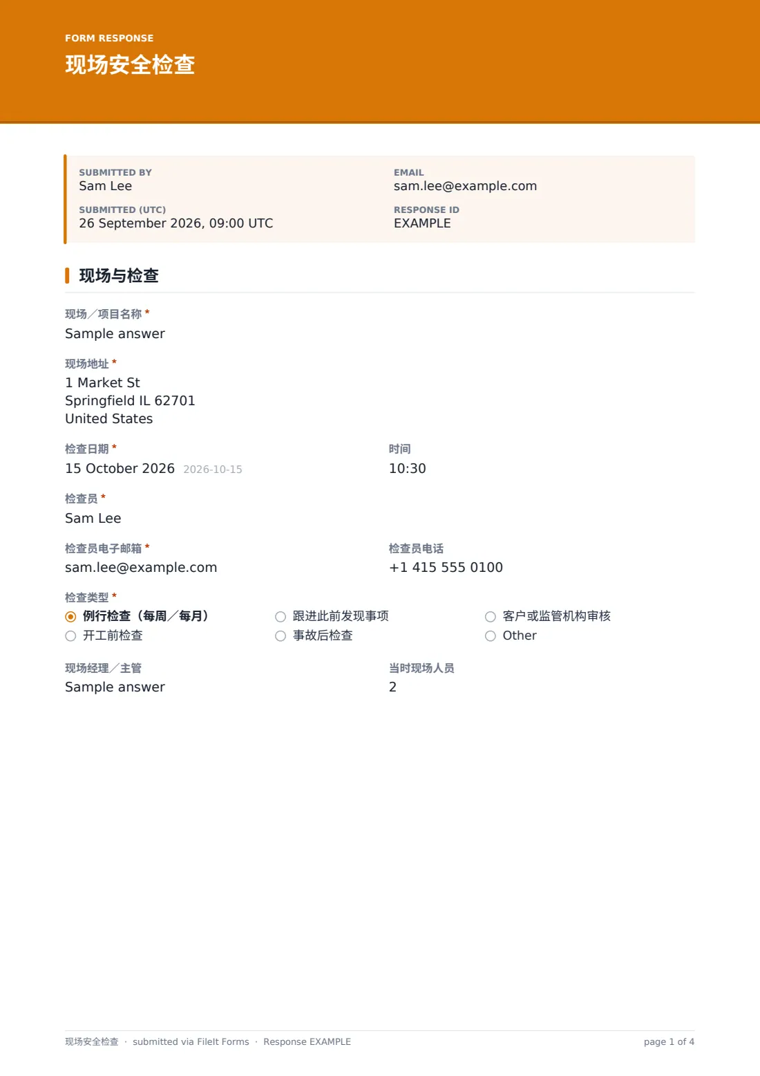现场安全检查 — 示例回复 PDF，第 1 页，共 4 页