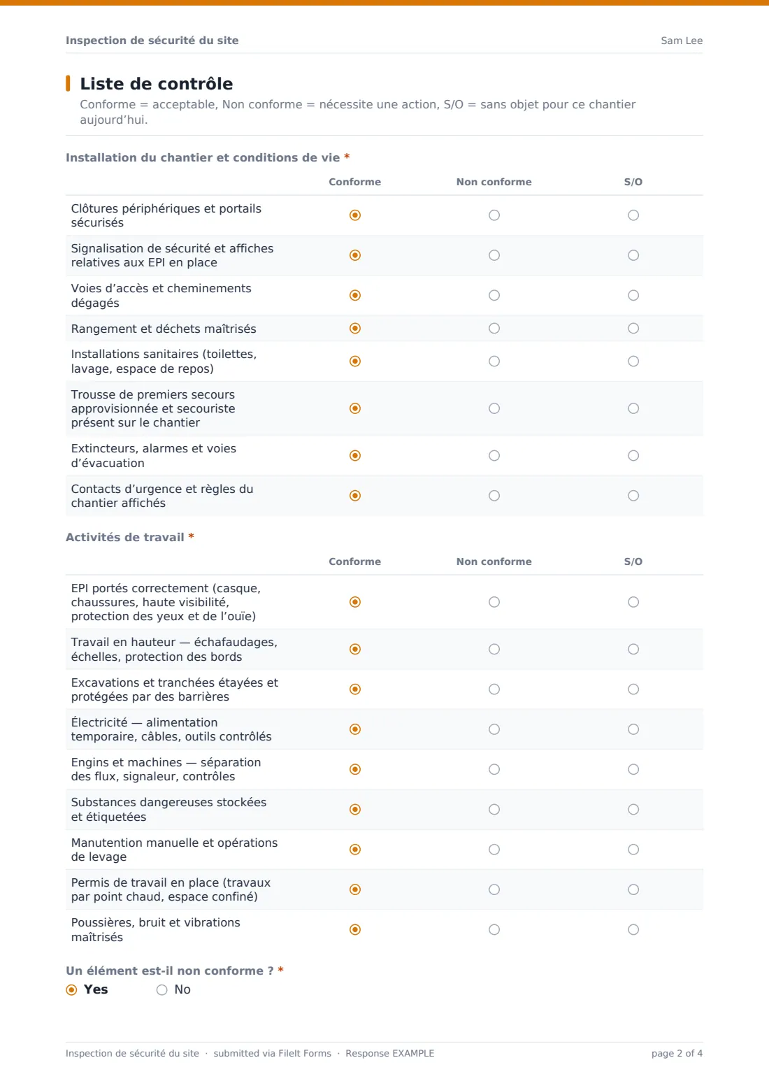 Inspection de sécurité du site — exemple de réponse au format PDF, page 2 sur 4