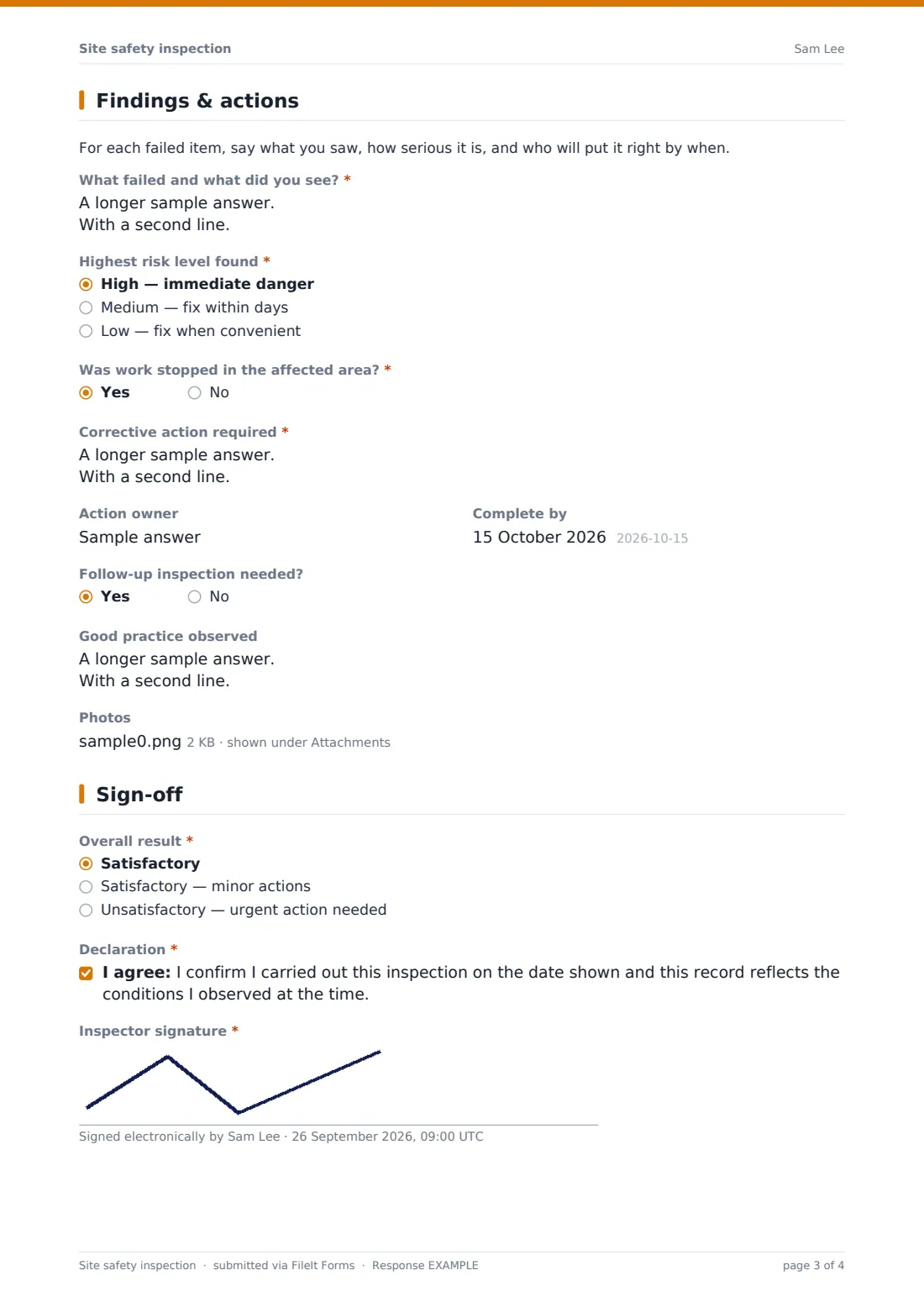 Site safety inspection — example response PDF, page 3 of 4