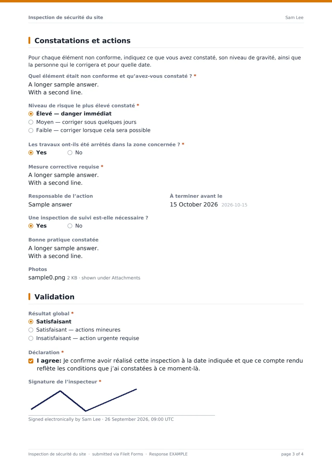 Inspection de sécurité du site — exemple de réponse au format PDF, page 3 sur 4